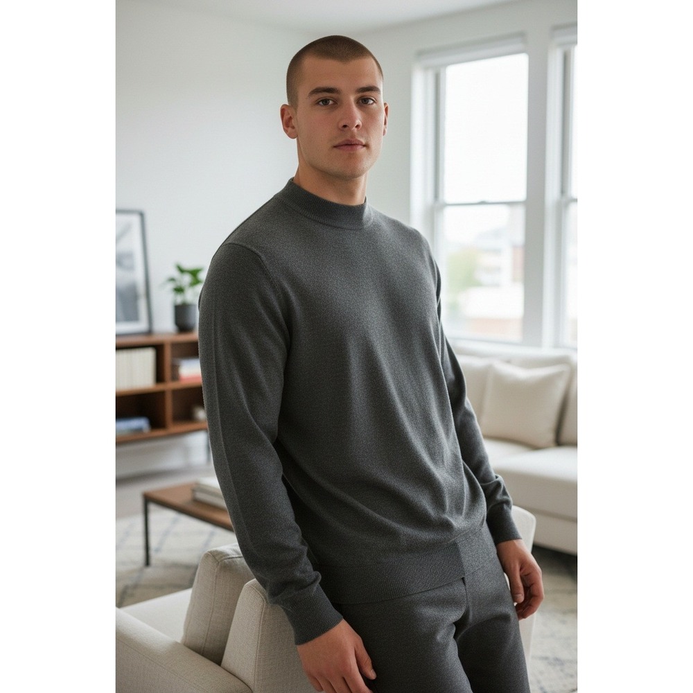 Bachrach Men's Mock Neck- 85% Silk Cashmere Blend‎ Charcoal Sweater - Size M